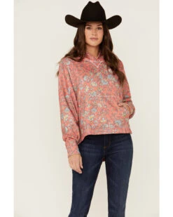 Hooey Women's Oversized Allover Floral Print Red Hoodie